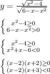 y=\frac{\sqrt{x^{2} -4} }{\sqrt{6-x-x^{2}}} \\\\\left \{ {{x^{2}-4\geq0} \atop {6-x-x^{2}0 }} \right.\\\\\left \{ {{x^{2} -4\geq0 } \atop {x^{2}+x-6