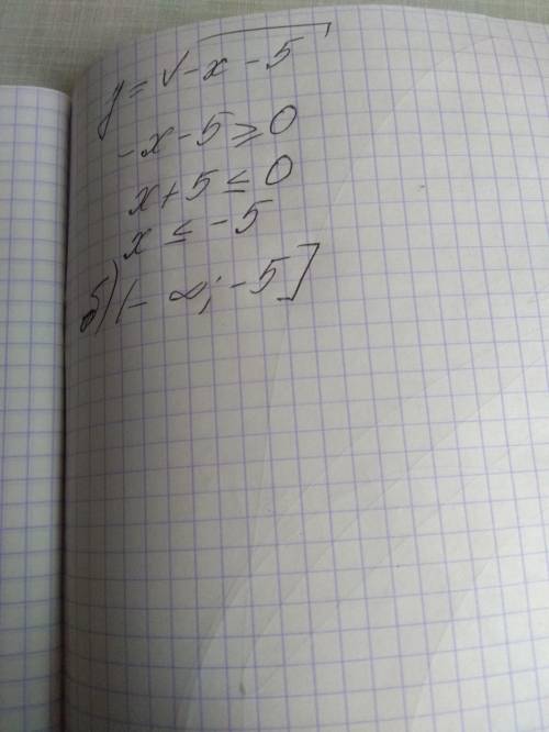 20 ! найдите область определения функции у = √− х − 5 . а)[– 5; + ∞); б) (– ∞; – 5]; в) [5; + ∞);