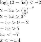 \log_{\frac{1}{3}}(2-5x) < -2 \\2-5x {\left ( \frac{1}{3} \right )}^{-2} \\2-5x 3^{2} \\-5x 9-2 \\-5x 7 \\5x < -7 \\x < -1.4