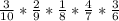 \frac{3}{10}* \frac{2}{9}*\frac{1}{8}*\frac{4}{7}*\frac{3}{6}