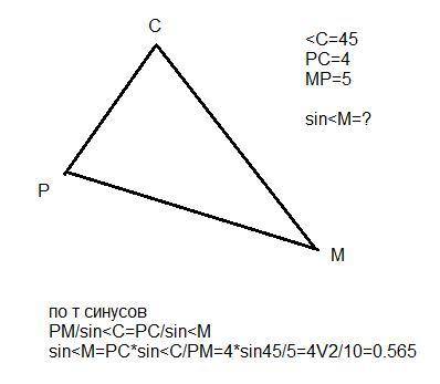 Втреугольнике pcm угол c 45 pc 4 mp 5 найдите синус угла m