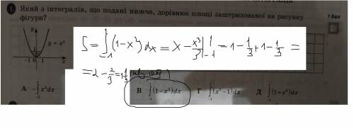Який з інтегралів що подані нижче дорівнює площі заштрихованої на рисунку фігури? (малюнок зверху ва