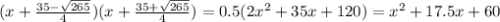 (x+\frac{35-\sqrt{265}}{4})(x+\frac{35+\sqrt{265}}{4})=0.5(2x^2+35x+120)=x^2+17.5x+60