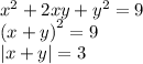 {x}^{2} + 2xy + {y}^{2} = 9 \\ {(x + y)}^{2} = 9 \\ |x + y| = 3