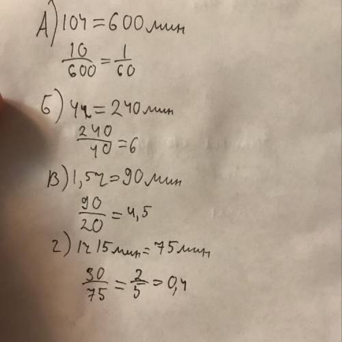 Найдите отношение: а. 10мин к 10чб. 4ч к 40минв. 1,5ч к 20минг. 30мин к 1ч 15 мин​