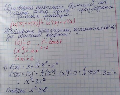 Найдите производную функцииf(x)=3+1/5x^5-x^3f(x)=2x+1/x³