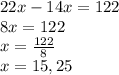 22x-14x=122\\8x=122\\x=\frac{122}{8} \\x=15,25