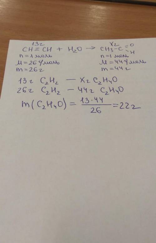 Какую массу уксусного альдегида можно получить из 13г ацетилена по реакции кучерова?
