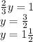 \frac{2}{3} y = 1 \\ y = \frac{3}{2} \\ y = 1 \frac{1}{2}