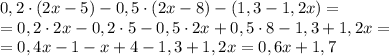 0,2\cdot(2x-5)-0,5\cdot(2x-8)-(1,3-1,2x)=\\=0,2\cdot2x-0,2\cdot5-0,5\cdot2x+0,5\cdot8-1,3+1,2x=\\=0,4x-1-x+4-1,3+1,2x=0,6x+1,7