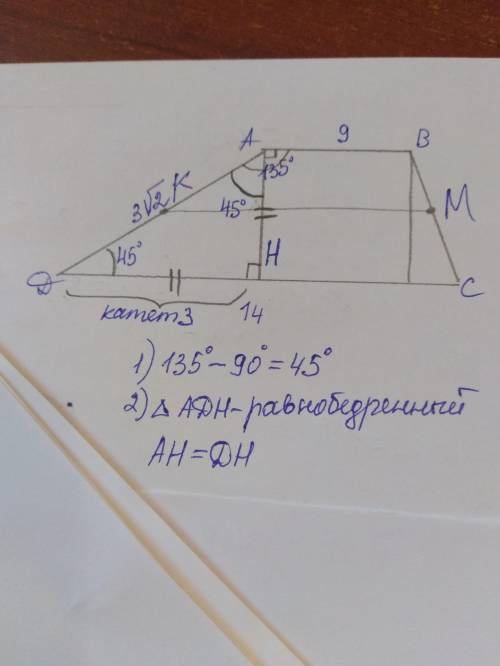 Основания трапеции равны 9 и 14 боковая сторона равна 3 2 в корне образует с одним из этих оснований