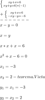 \left \{ {{xy+x=6} \atop {xy+y=6}|*(-1)} \right.\\\\+\left \{ {{xy+x=6} \atop {-xy-y=-6}} \right.\\-------\\x-y=0\\\\x=y\\\\x*x+x=6\\\\x^{2}+x-6=0\\\\x_{1}=-3\\\\x_{2}=2-teorema.Vieta\\\\y_{1}=x_{1}=-3\\\\y_{2}=x_{2}=2