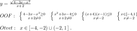 y=\frac{\sqrt{4-3x-x^2}}{x+2}\\\\OOF:\; \; \left \{ {{4-3x-x^2\geq 0} \atop {x+2\ne 0}} \right.\; \; \left \{ {{x^2+3x-4\leq 0} \atop {x+2\ne 0}} \right.\; \; \left \{ {{(x+4)(x-1)\leq 0} \atop {x\ne -2}} \right.\; \; \left \{ {{x\in [-4,1\, ]} \atop {x\ne -2}} \right.\\\\Otvet:\; \; x\in [-4,-2)\cup (-2,1\, ]\; .