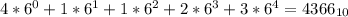 4*6^0+1*6^1+1*6^2+2*6^3+3*6^4=4366_{10}