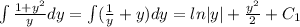 \int\frac{1+y^2}{y}dy=\int(\frac{1}{y}+y)dy=ln|y|+\frac{y^2}{2}+C_1