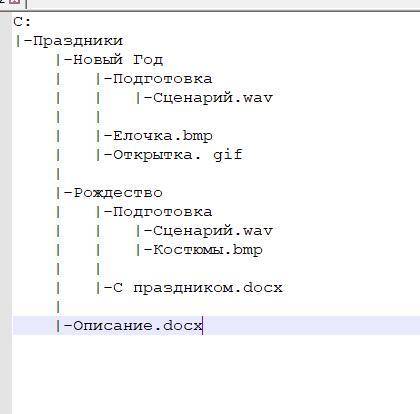 По данным путям к файлам постройте дерево каталогов: с: \праздники\новый год\подготовка\сценарий.wa