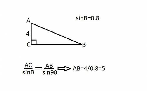 Впрямоугольном треугольнике abc. угол c=90. ac=4cm. sin b=0,8. найдите ab u bc​