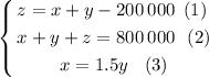 \left \{ \begin{gathered} z = x + y - 200 \: 000 \: \: (1)\: \\ x + y + z = 800 \: 000 \: \: \: (2) \\ x = 1.5 y \: \: \: \: (3) \\ \end{gathered} \right.