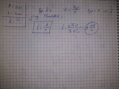 Под действием силы 15 h пружина растянулась на 5мм чему равен коэффициент жёсткости пружины​