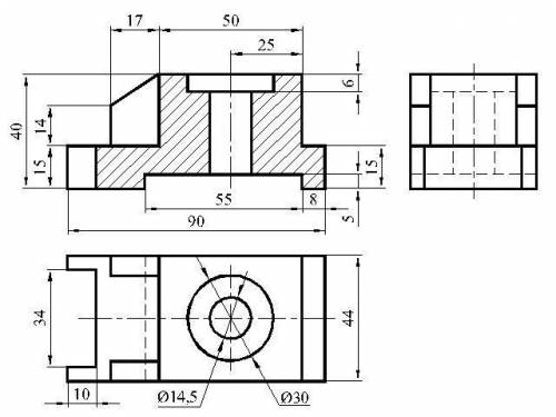 Выполнить чертёж предмета в трех проекциях с использованием простого разреза