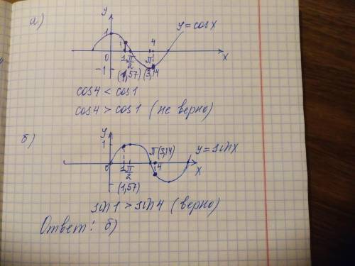 Укажите верное неравенство: а) cos4> cos1б) sin4> sin1​