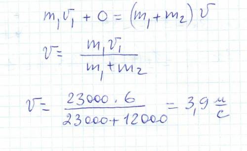 Вагон массой 23 т движется со скоростью 6 м/с, встречает на своём пути стоящую платформу массой 12 т