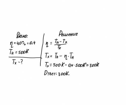 Кпд теплового двигателя 40%,температура нагревателя 500 кельвинов.определите температуру холодильник
