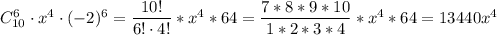 C^6_{10}\cdot x^4\cdot(-2)^6=\dfrac{10!}{6!\cdot4!}*x^4*64=\dfrac{7*8*9*10}{1*2*3*4}*x^4*64=13440x^4\\