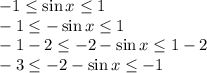 -1\leq \sin x\leq 1\\-1\leq -\sin x\leq 1\\-1-2\leq -2-\sin x\leq 1-2\\-3\leq -2-\sin x\leq -1