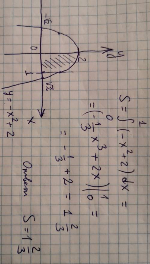 Вычислите площадь фигур ограниченных линиями y= -x^2+2, y=0,x=0 и x=1 60