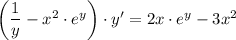 \left(\dfrac{1}{y} -x^2\cdot e^y\right)\cdot y'=2x\cdot e^y-3x^2