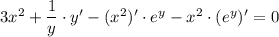 3x^2+\dfrac{1}{y} \cdot y'-(x^2)'\cdot e^y-x^2\cdot(e^y)'=0