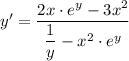 y'=\dfrac{2x\cdot e^y-3x^2}{\dfrac{1}{y}-x^2\cdot e^y}