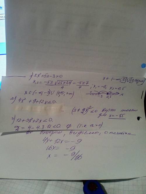 Решить неравенства 2x^2+5x-3> 0 4x+9+12x< =0 12+3x^2+2x< 0