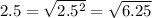 2.5 = \sqrt{2.5^{2}} = \sqrt{6.25}