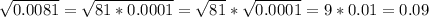 \sqrt{0.0081} = \sqrt{81 * 0.0001} = \sqrt{81} * \sqrt{0.0001} = 9 * 0.01 = 0.09