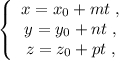 \left\{\begin{array}{ccc}x=x_0+mt\; ,\\y=y_0+nt\; ,\\z=z_0+pt\; ,\end{array}\right