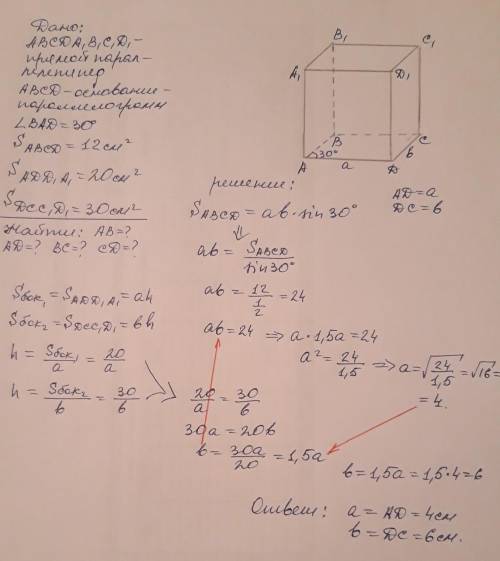 40 основою прямого паралелепіпеда є паралелограм з гострим кутом 30 градусів і площею 12 см^2. площі