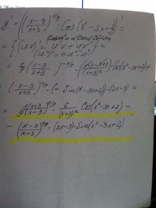 Найти производную ф-ции y=((x-3)/(x+/9*cos(x^2-3x+2)