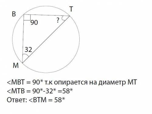 Mt- диаметр окружности, b-точка на окружности. найдите угол btm, если угол bmt=32° + рисунок