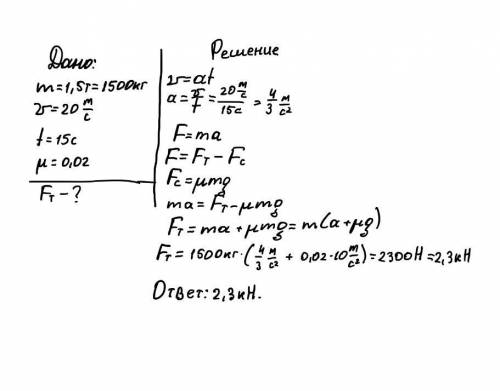 Транспортное средство массой 1.5т, трогаясь с места достигает скорости 20м/с через 15с. найти силу т