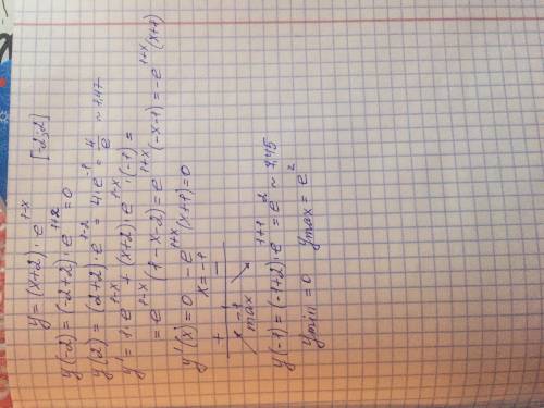 найти наибольшее и наименьшее значение функции y=(x+2)*e^1-x, на отрезке [-2; 2]