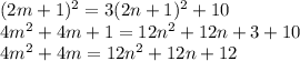 (2m+1)^2=3(2n+1)^2+10\\4m^2+4m+1=12n^2+12n+3+10\\4m^2+4m=12n^2+12n+12