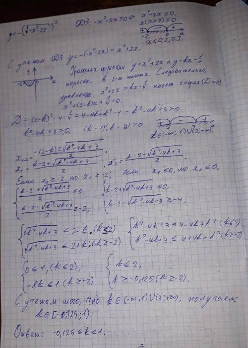 Постройте график у=-(корень из -х^2-2х)^2, и определите, при каких значениях k прямая у=kх-1/4 имеет