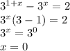 3^{1+x}-3^x=2\\3^x(3-1)=2\\3^x=3^0\\x=0