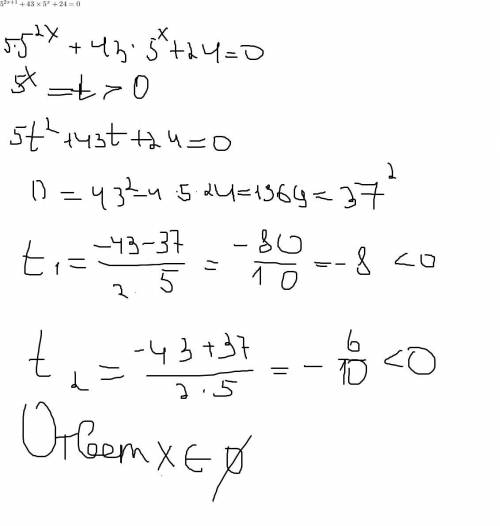  {5}^{2x + 1} + 43 \times {5}^{x} + 24 = 0