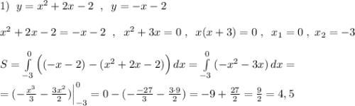 1)\; \; y=x^2+2x-2\; \; ,\; \; y=-x-2\\\\x^2+2x-2=-x-2\; \; ,\; \; x^2+3x=0\; ,\; \; x(x+3)=0\; ,\; \; x_1=0\; ,\; x_2=-3\\\\S=\int\limits^0_{-3}\Big ((-x-2)-(x^2+2x-2)\Big )\, dx=\int\limits^0_{-3}\, (-x^2-3x)\, dx=\\\\=(-\frac{x^3}{3}-\frac{3x^2}{2})\Big |_{-3}^0=0-(-\frac{-27}{3}-\frac{3\cdot 9}{2})=-9+\frac{27}{2}=\frac{9}{2}=4,5