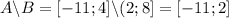 A\backslash B=[-11; 4]\backslash (2; 8] =[-11; 2]