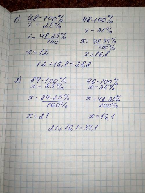 Знайдіть суму чисел 25% від48 і 35% від 48; 2) 25% від 84 і 35% від 46.