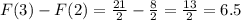 F(3)-F(2)=\frac{21}{2} -\frac{8}{2} =\frac{13}{2} =6.5